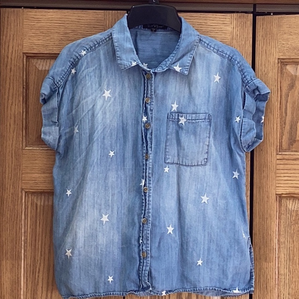 VELVET HEART chambray denim stars embroidery top L